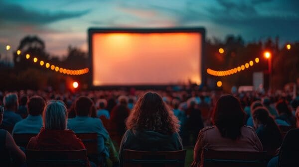 A group of people are sitting in chairs in front of a large screen. Scene is one of relaxation and enjoyment, as the people are gathered to watch a movie